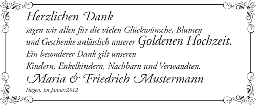weißer Hintergrund mit verziertem Rahmen, schwarzer Text Herzlichen Dank Goldene Hochzeit