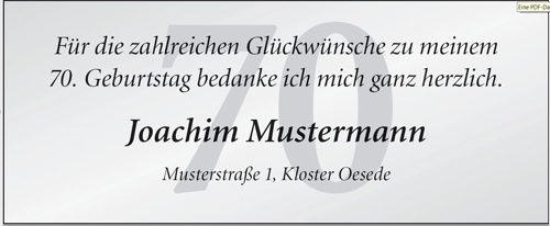 Grauer Hintergrund mit dunkel grauer Zahl 70, darauf schwarzer Text 70. Geburtstag