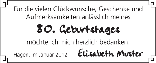 weißer Hintergrund mit schwarzem Rahmen, schwarzer Text 80. Geburtstages