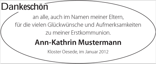 weißer Hintergrund mit ovaler Linie, und Text Dankeschön, im ovalen Kreis schwarzer Text zu meiner Erstkommunion