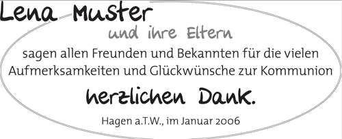 weißer Hintergrund mit ovaler grauer Linie und schwarzer Text Lena Muster, im ovalen Kreis grauer Text und ihre Eltern, schwarzer Text zur Kommunion, herzlichen Dank