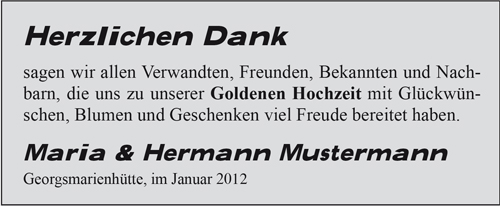 grauer Hintergrund, darauf schwarzer Text Herzlichen Dank, Goldene Hochzeit