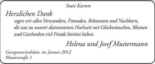 weißer Hintergrund, schwarzer Text statt Karten, Herzlichen Dank, zu unserer diamantenen Hochzeit