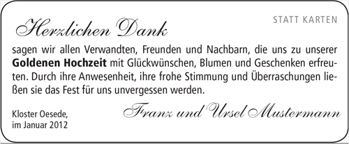 weißer Hintergrund, Text Herzlichen Dank, kleiner Text Statt Karten, Fleißtext zu unserer Goldenen Hochzeit