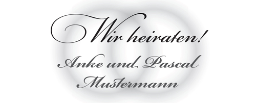 weißer Hintergrund hell grauen kreuzenden Ringen, darauf schwarzer Text Wir heiraten
