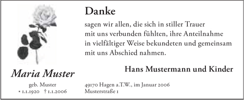 Weißer Hintergrund mit Text Danke, Rose in Schwarz weiß auf linker Seite