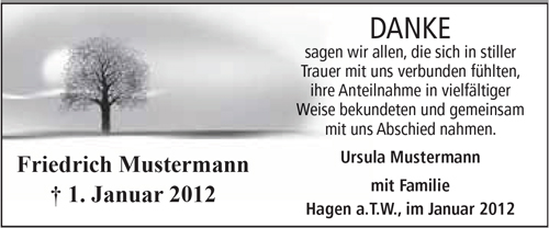 Auf weißem Hintergrund schwarzer Text Danke. Bild von Baum auf Wiese in schwarz weiß auf linker Seite