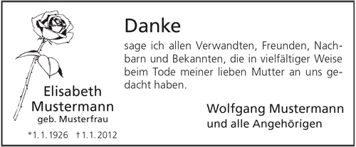 Weißer Hintergrund mit schwarzem Text Danke, Rose in Schwarz weiß auf linker Seite